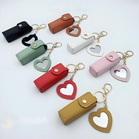 💄 Leather Lipstick Charm Keychain with Heart-Shaped Mirror