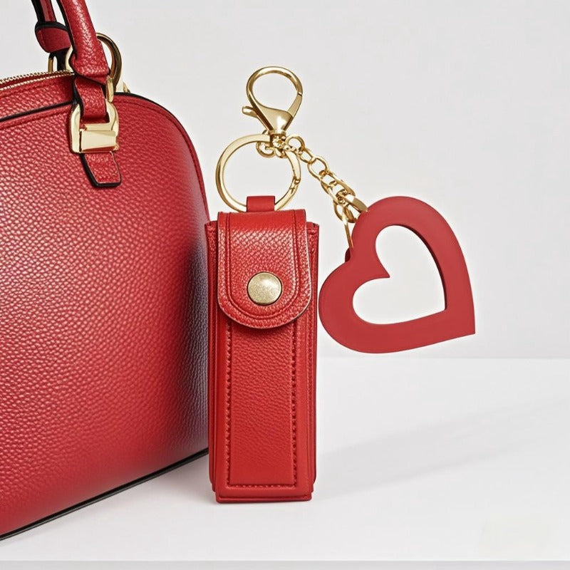 💄 Leather Lipstick Charm Keychain with Heart-Shaped Mirror