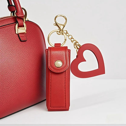 💄 Leather Lipstick Charm Keychain with Heart-Shaped Mirror