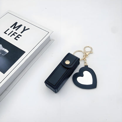💄 Leather Lipstick Charm Keychain with Heart-Shaped Mirror