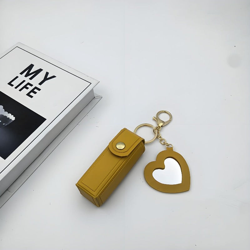 💄 Leather Lipstick Charm Keychain with Heart-Shaped Mirror