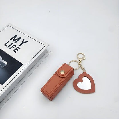 💄 Leather Lipstick Charm Keychain with Heart-Shaped Mirror